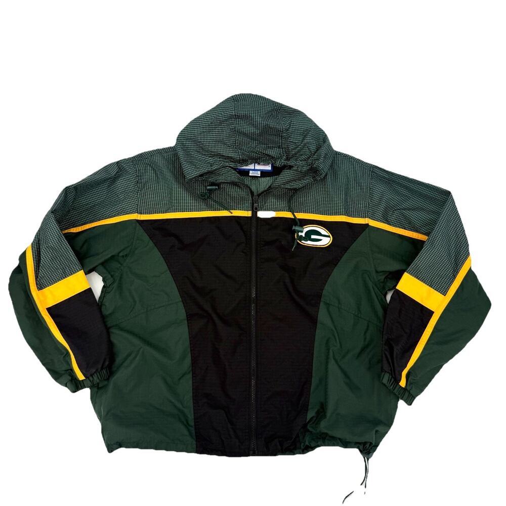 Vtg Logo 7 Green Bay Packers NFL Football Team Hooded Windbreaker Jacket Mens L